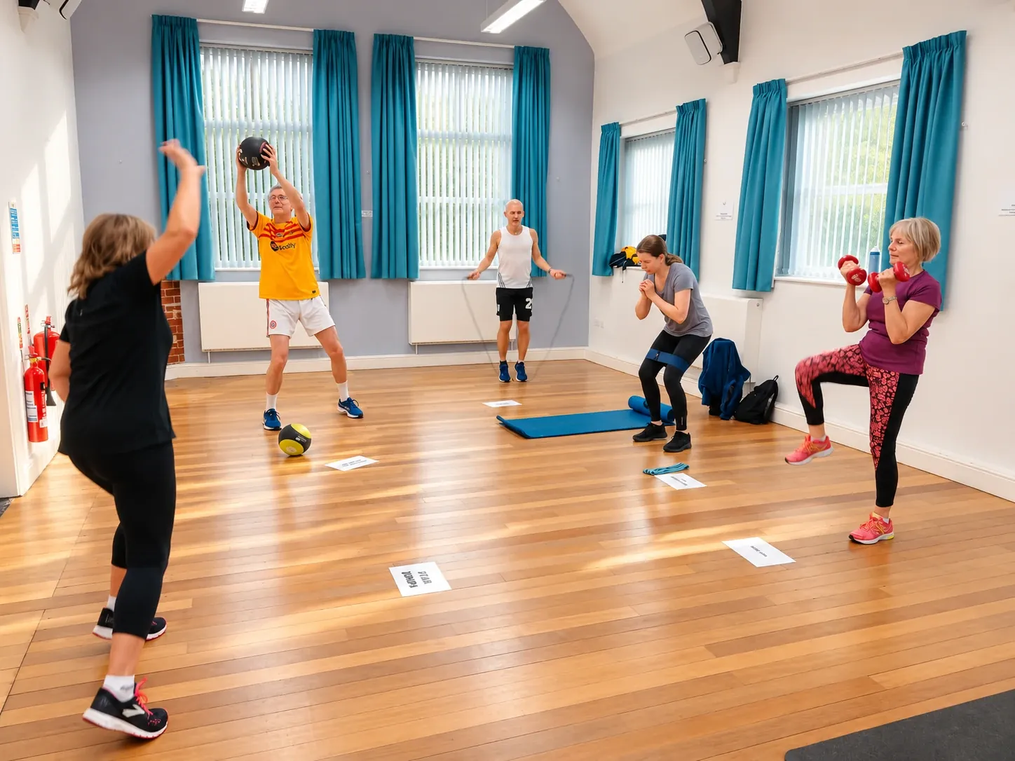 A low-impact circuit class in a village hall, with members at different stations using a medicine ball, skipping rope, resistance band and dumbbells