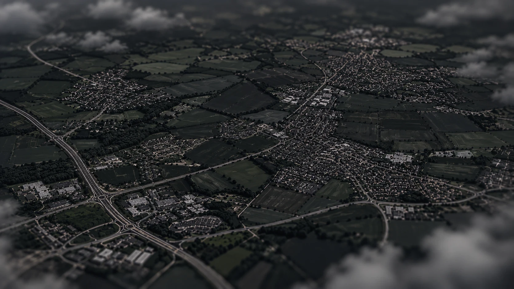 An aerial view of villages, fields and roads in South Yorkshire
